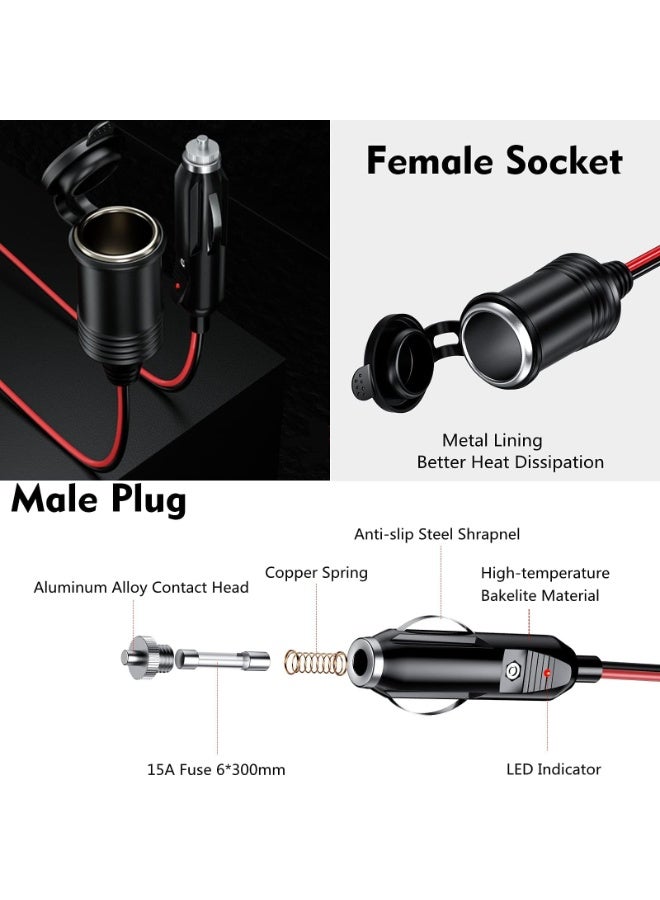 fantasize سلك تمديد ولاعة السجائر بطول 13 قدم، قابس ولاعة السجائر 12V 24V إلى مقبس 16AWG سلك تمديد ثقيل مع فيوز 15A ومؤشر LED موصل مقبس AUX لولاعة السجائر في السيارة - Image 3
